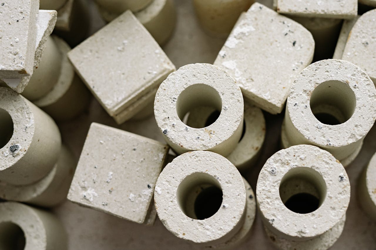 why-choose-us Abstract arrangement of cylindrical and square concrete shapes with a textured surface.